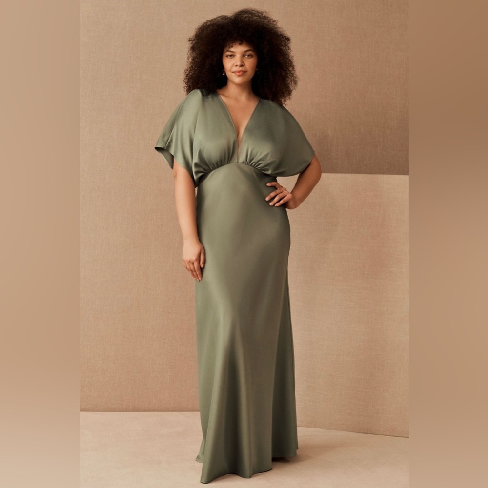 BHLDN Leila Deep-V Flutter Sleeve Satin A-Line Gown